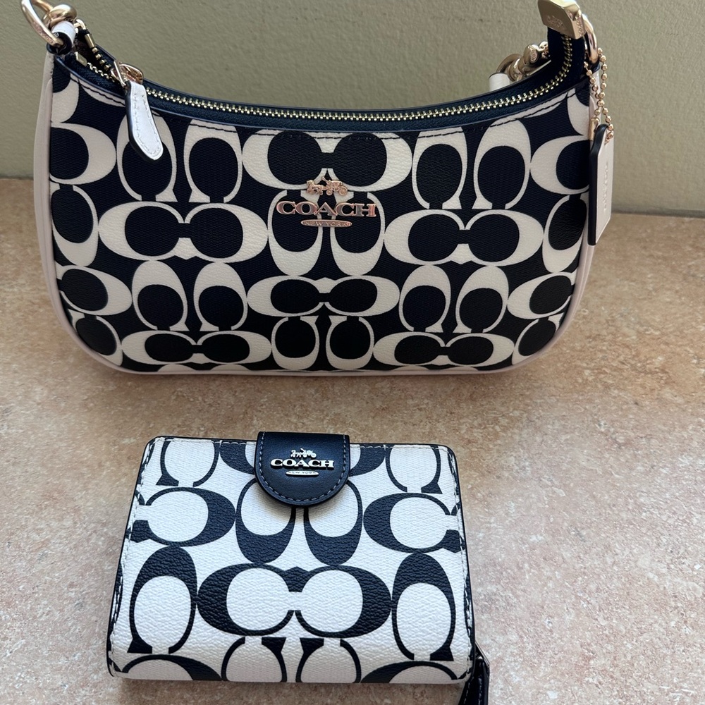 Coach Teri Black and Cream Shoulder Bag  with Wallet in Signature Monogram NWOT